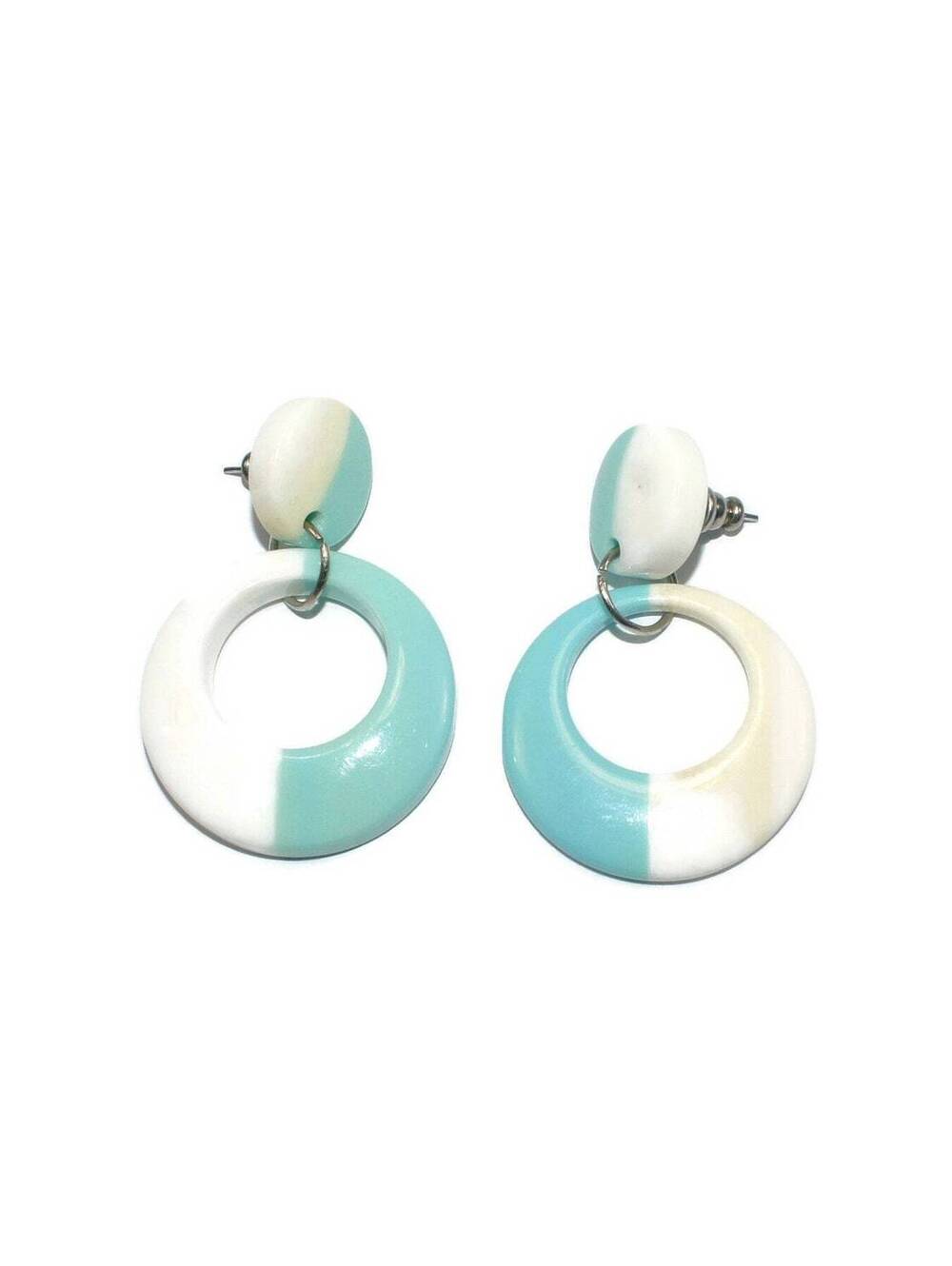 Vintage Blue and White Plastic Dangle Earrings with Post Backs for Pierced Ears.